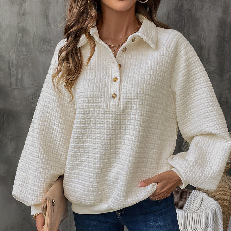 Women's Structured Waffle Knit Sweater with Polo Collar and Decorative Button Placket Chichicherry