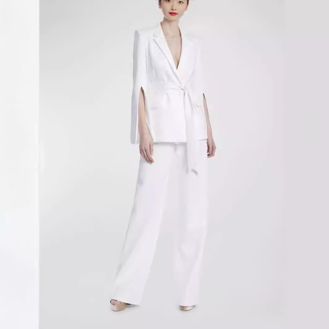 Women Tailored Cape Blazer with Tie Belt and Wide Palazzo Pants Chichicherry