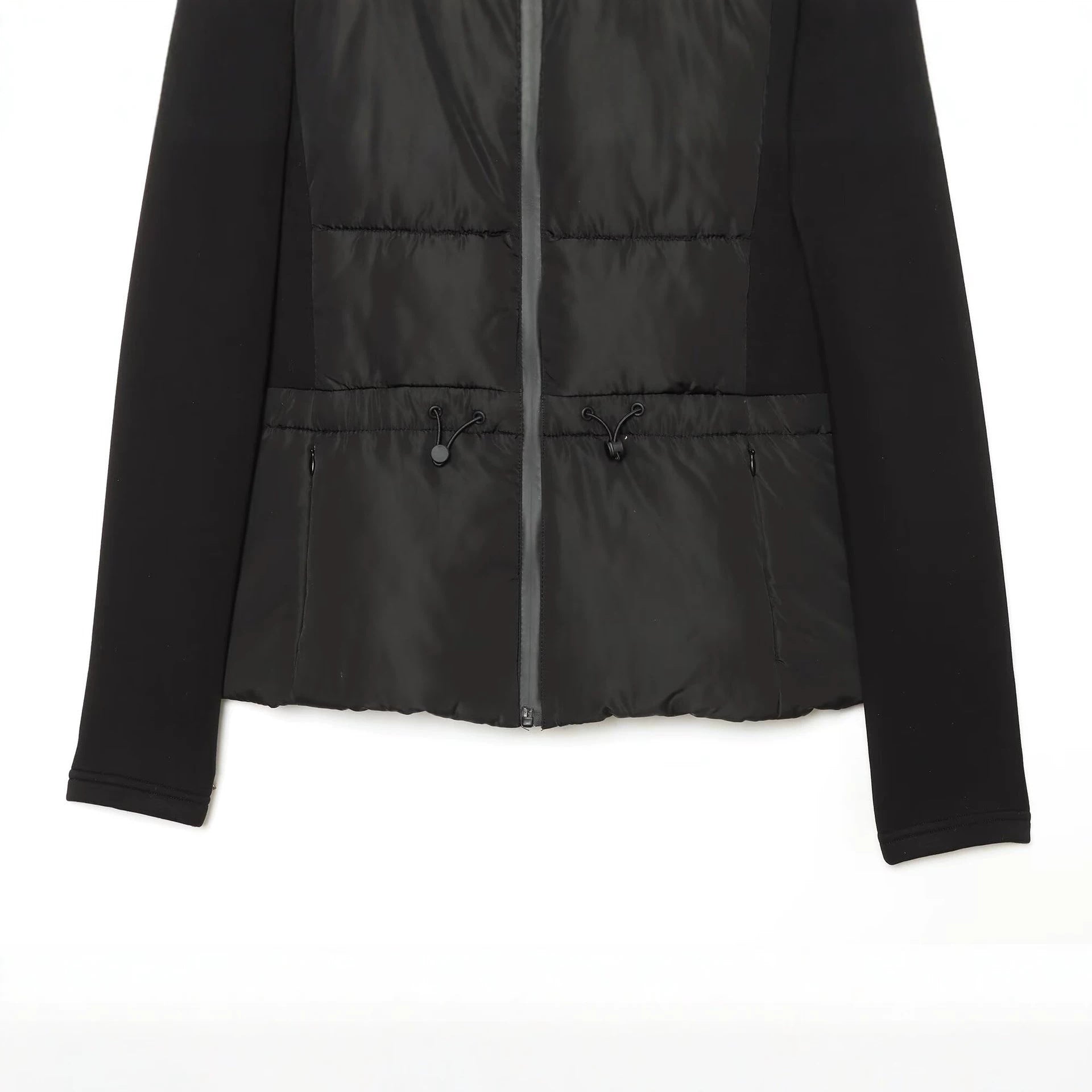 Women's short jacket in a material mix with quilted front, hood, and tailored drawstring Chichicherry