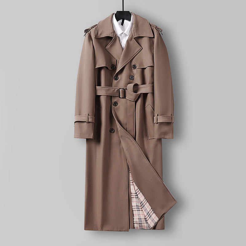 Women Elegant long cut wool blend trench coat with double-breasted button placket and belt Chichicherry