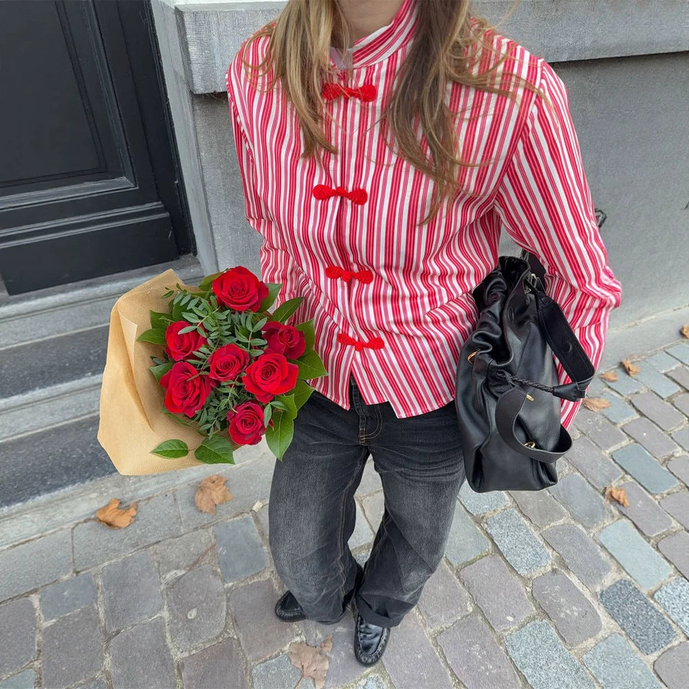 Women Striped Mandarin Collar Blouse with Decorative Knot Closures Chichicherry