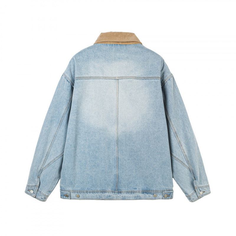 Men's Oversized Denim Jacket with Cord Collar and Diagonal Chest Pocket Detail Chichicherry