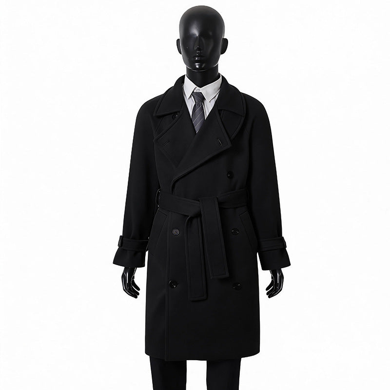 Men's Elegant Coat in Longcoat Style made of Wool Blend with Double-Breasted, Fitted Tie Belt and Decorative Shoulder Yoke Chichicherry