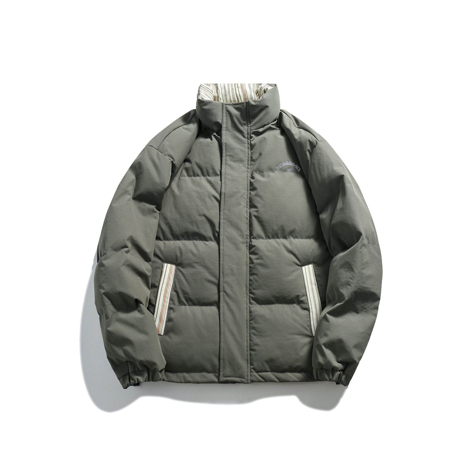 Unisex Short Cut Padded Puffer Jacket with High Stand-Up Collar and Striped Pocket Flaps Chichicherry