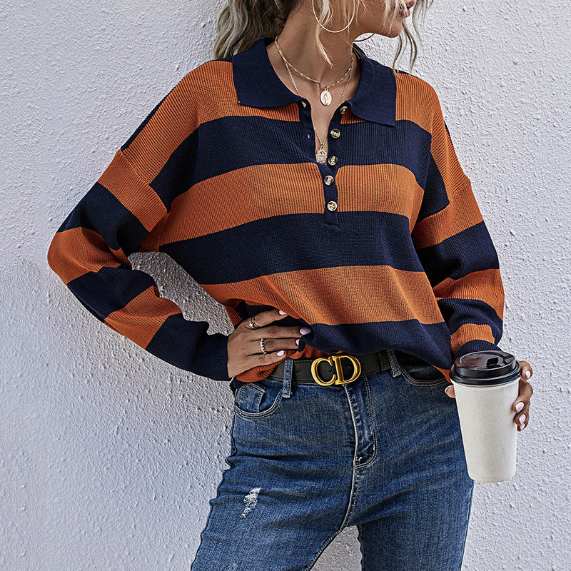 Women's Striped Polo Collar Knit Sweater with Button Row Detail Chichicherry