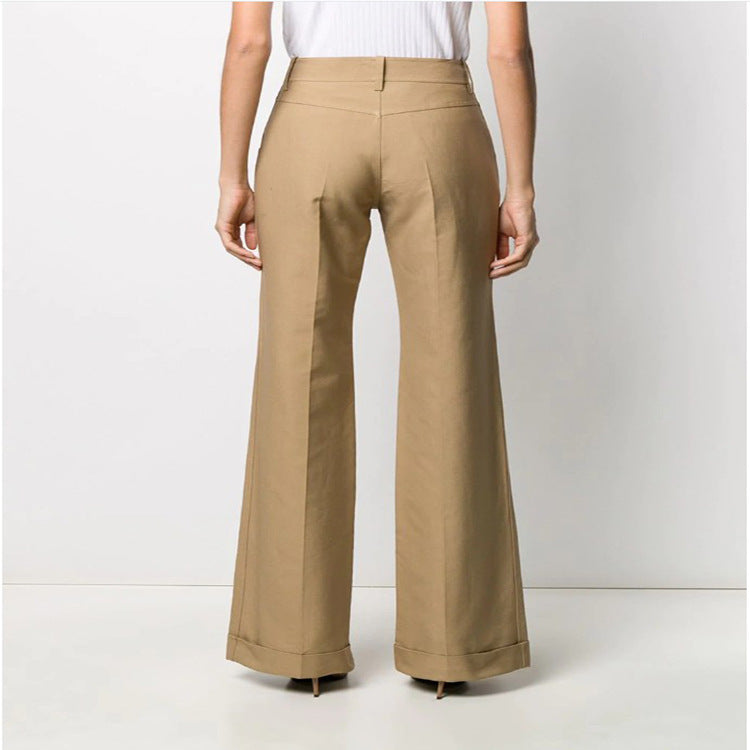 Women High-Waisted Wide Tailoring Pants with Pleat and Cuff Chichicherry
