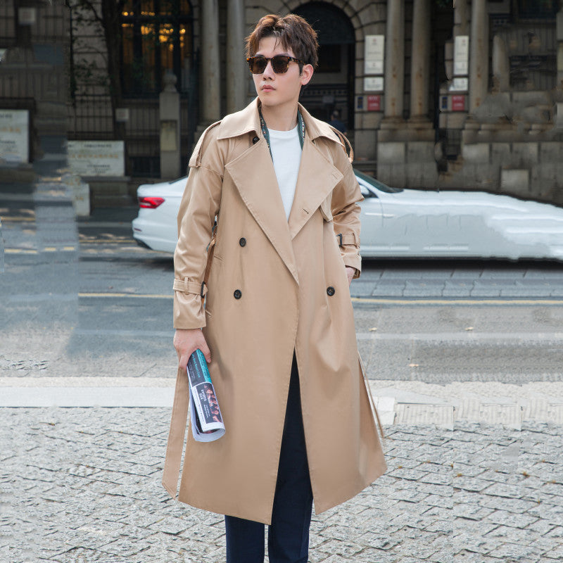 Men's longer double-breasted trench coat with classic lapels, belt and epaulettes Chichicherry
