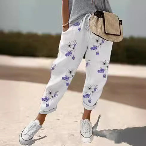Women's linen jogger pants with drawstring, loose tapered fit and rolled hems Chichicherry