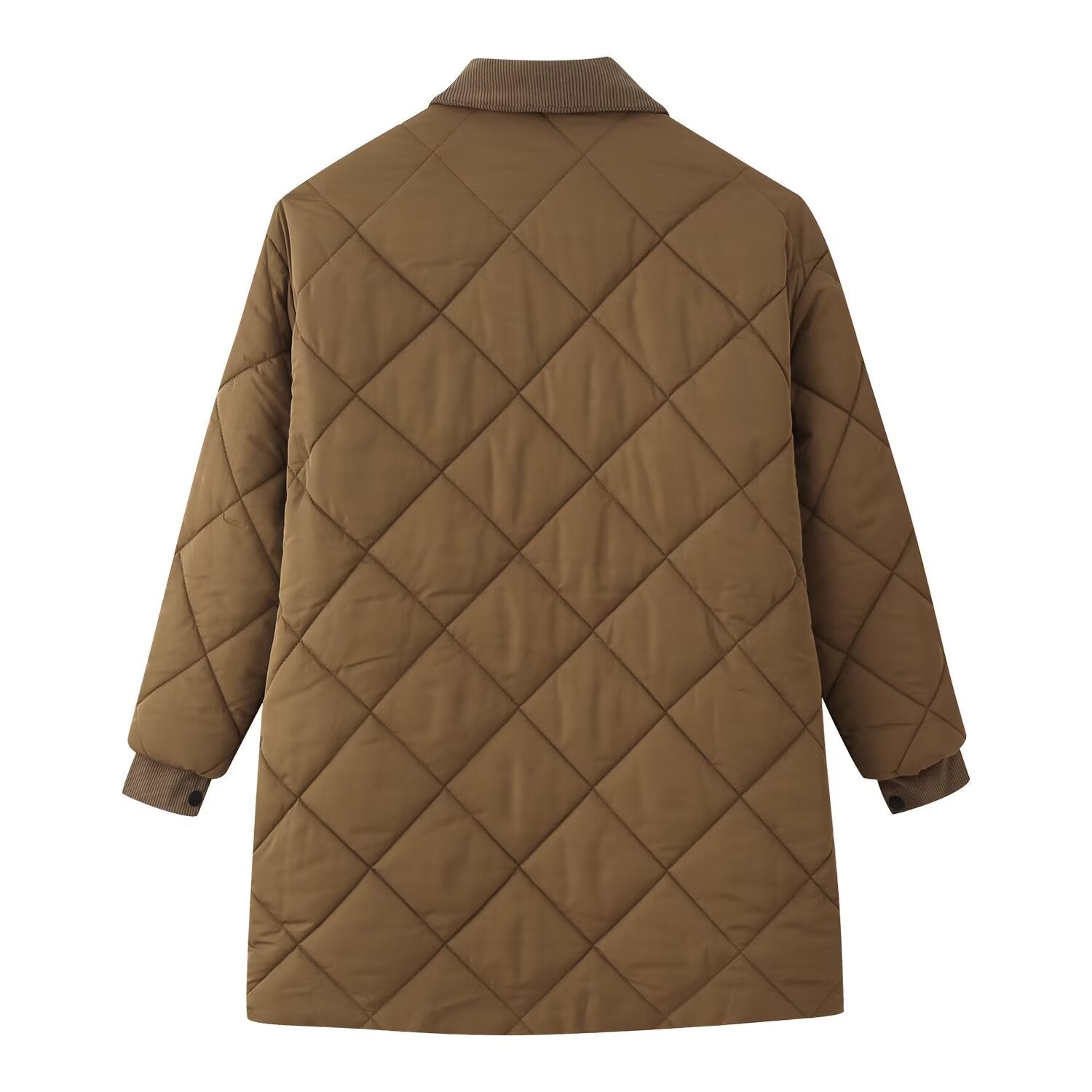 Women Long Quilted Coat with Cord Collar and Zipper Chichicherry