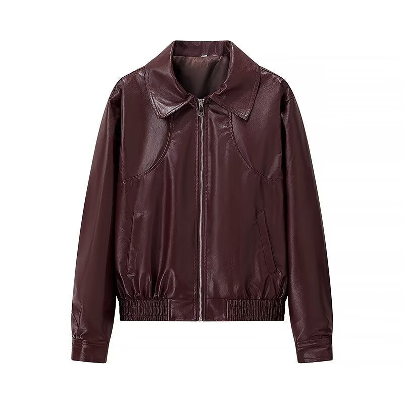 Women Short Cut Leather Look Jacket with Emphasized Shoulders, Zipper and Shirt Collar Chichicherry