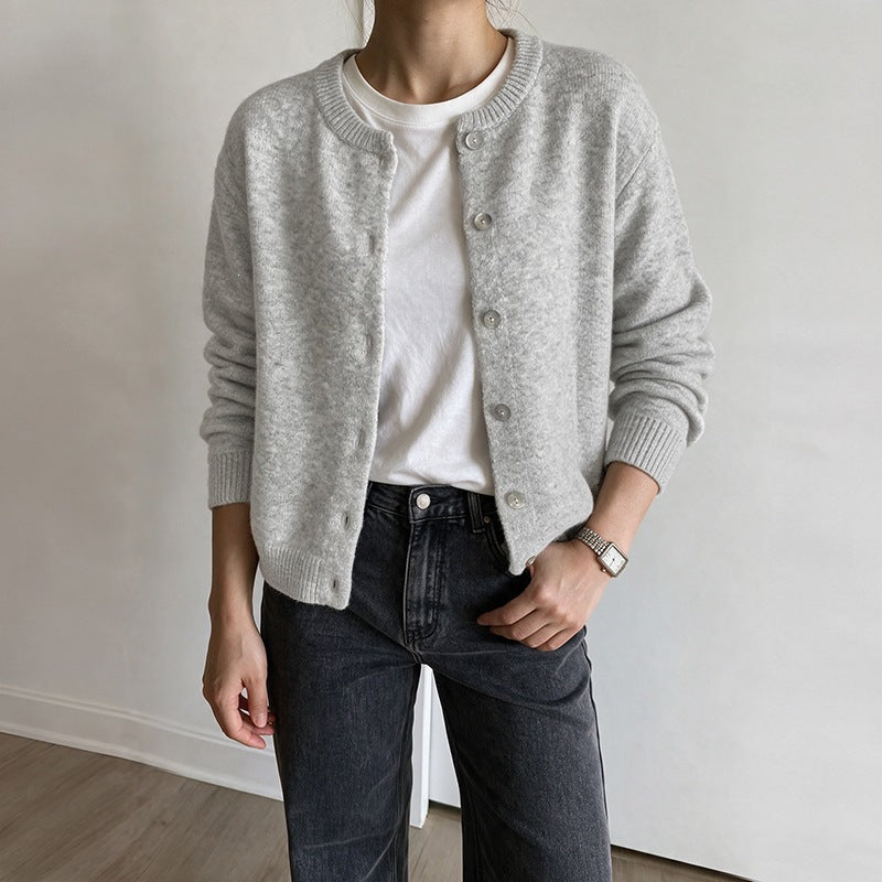 Women's Cropped Cozy Knit Cardigan with Round Neck, Pearl Button Placket, and Ribbed Finishes Chichicherry
