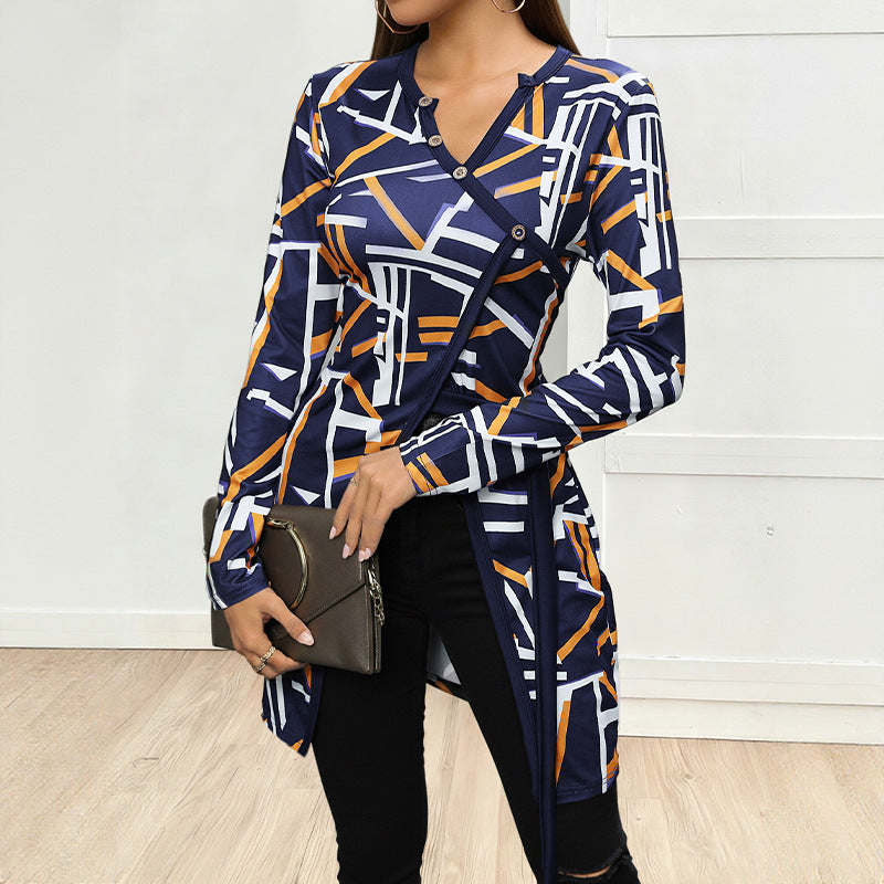 Women's Asymmetrical Long Sleeve Tunic Shirt with Diagonal Button Placket and Side Slits Chichicherry