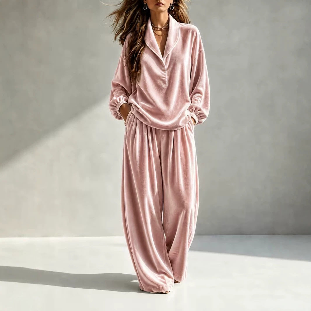 Damen Luxuriöses Velours-Loungewear-Set mit Schalkragen und weiter Palazzo-Hose Chichicherry