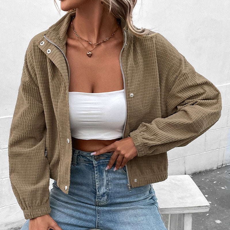 Women's Short-Cut Waffle Structure Transition Jacket with Zipper, Stand Collar and Elastic Cuffs Chichicherry