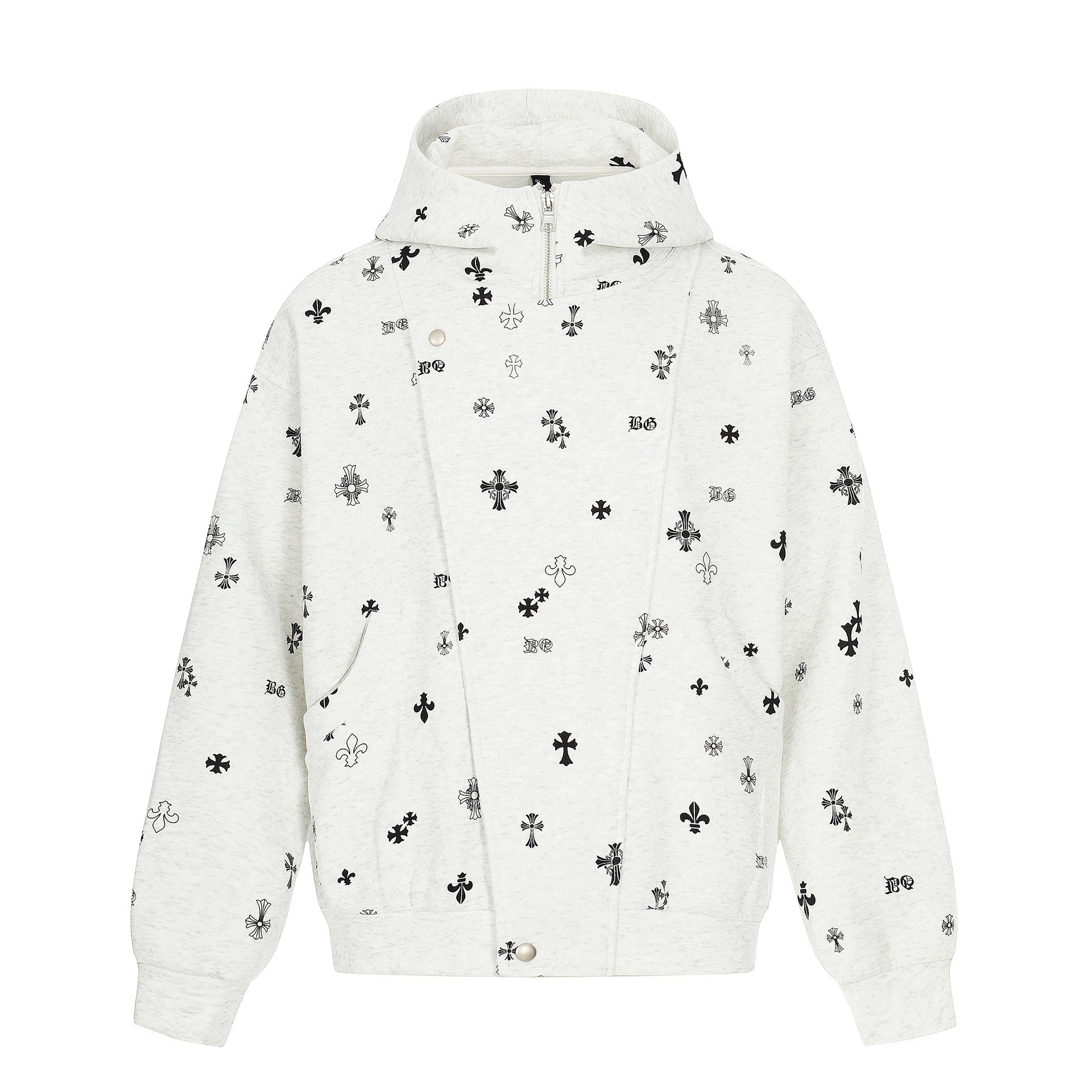Unisex Boxy Hoodie Jacket with Half Zipper and Allover Print Chichicherry