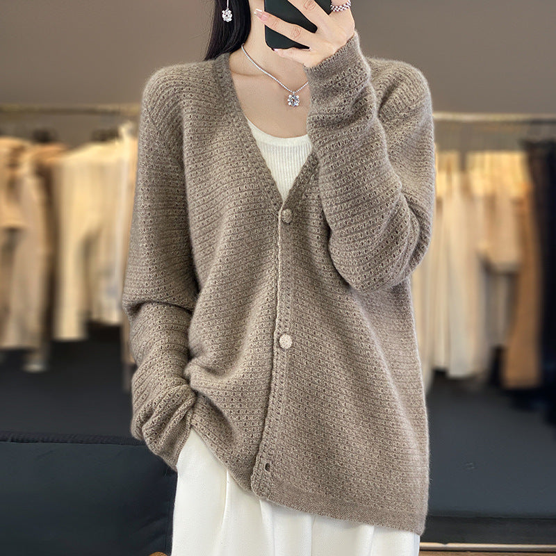 Women's Open Lace Knit Cardigan with Subtle Fuzzy Finish and Boxy Oversized Silhouette Chichicherry