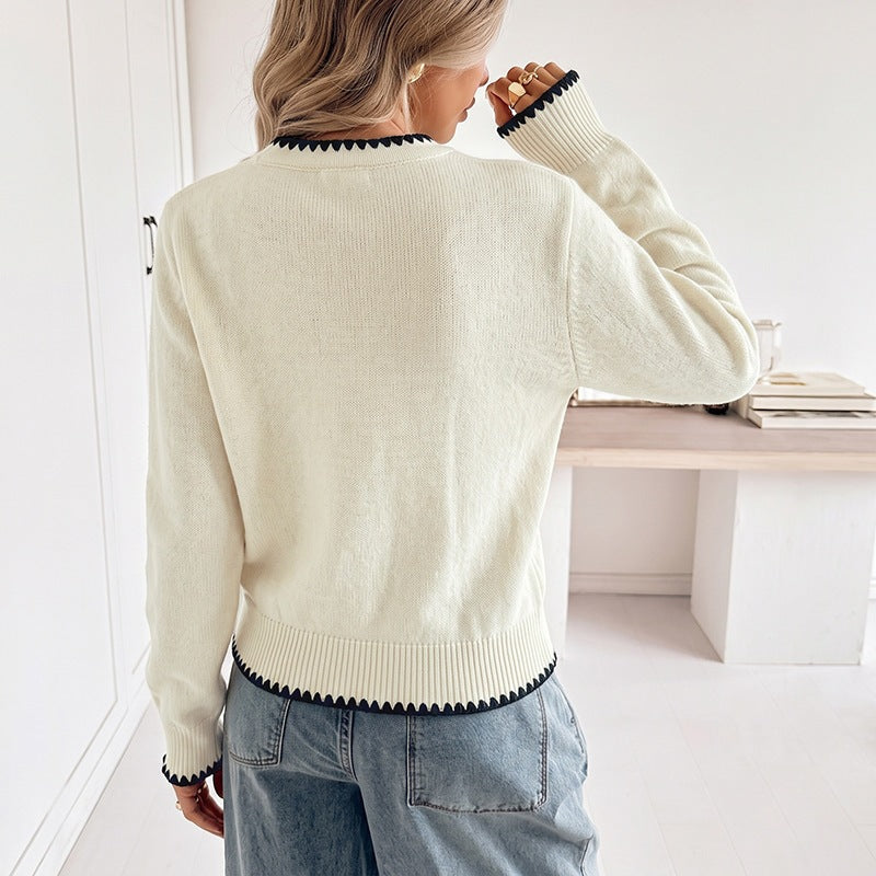 Women's Fine Knitted V-Neck Cardigan with Contrasting Decorative Edge and Decorative Buttons Chichicherry