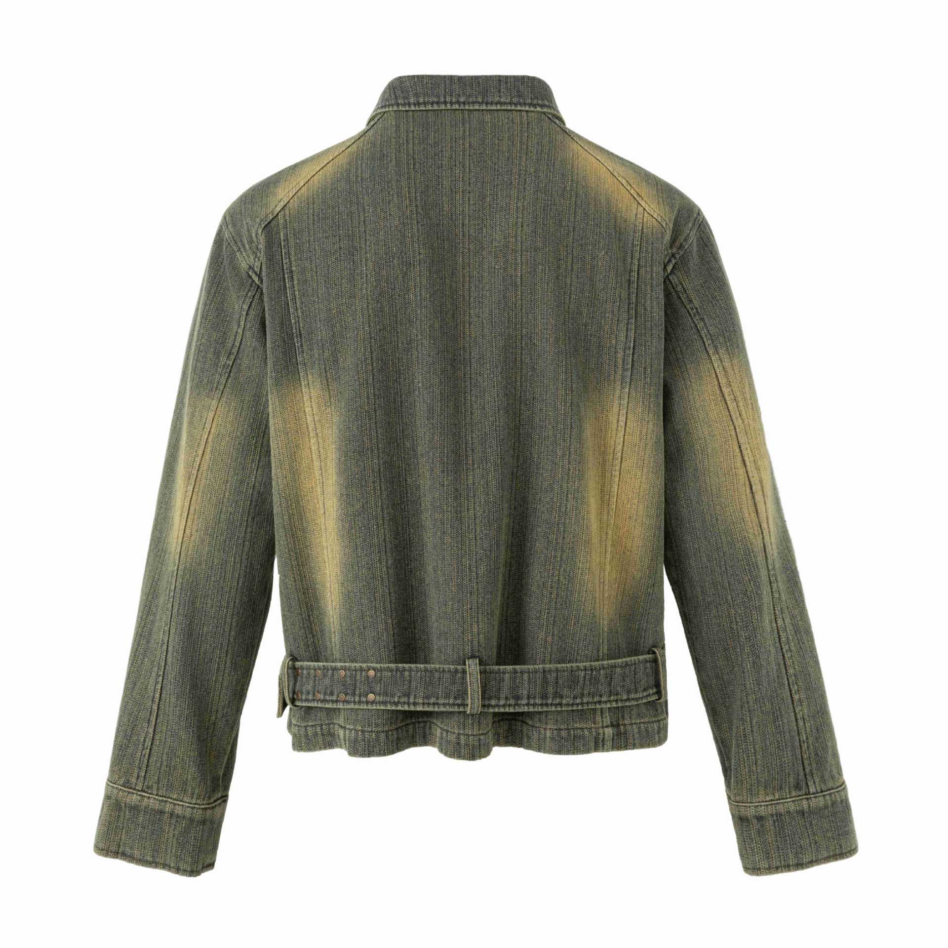Women's Embroidered Short Denim Blouson Jacket with Waist Belt and Zipper Chichicherry