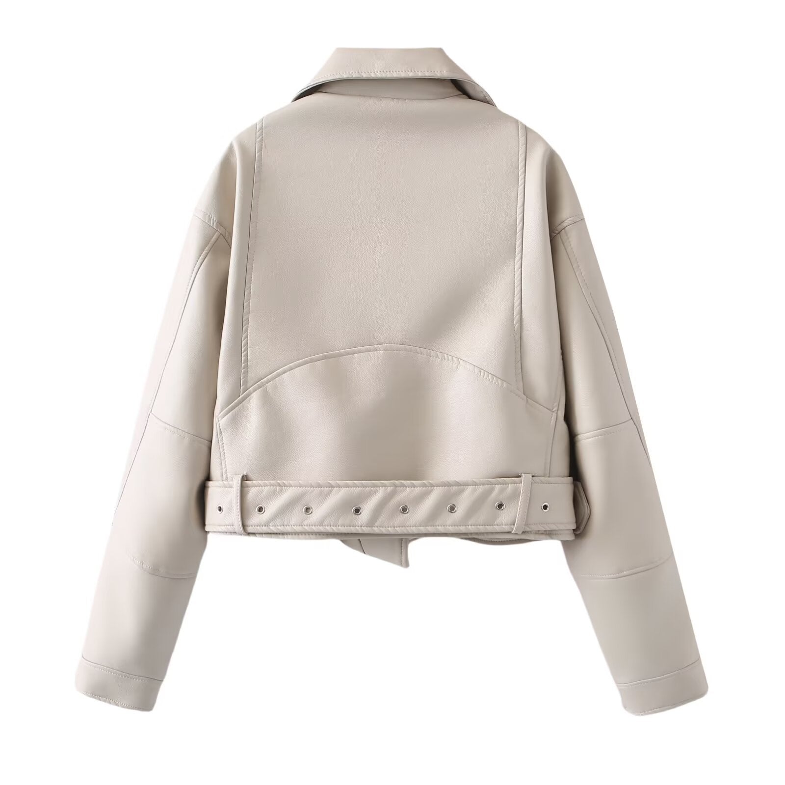 Women's short biker jacket made of soft synthetic leather with waist belt Chichicherry