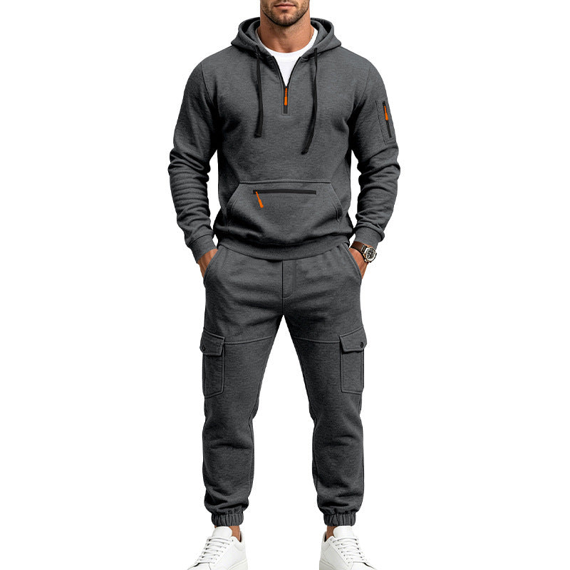 Men's Cargo Jogging Set with Hood, Half Zipper and Multi Pockets Chichicherry