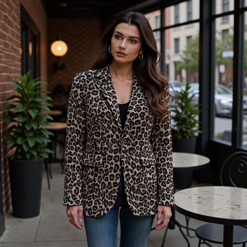 Women's Leopard Print Boucle Blazer with Notched Collar and Flap Pockets Chichicherry