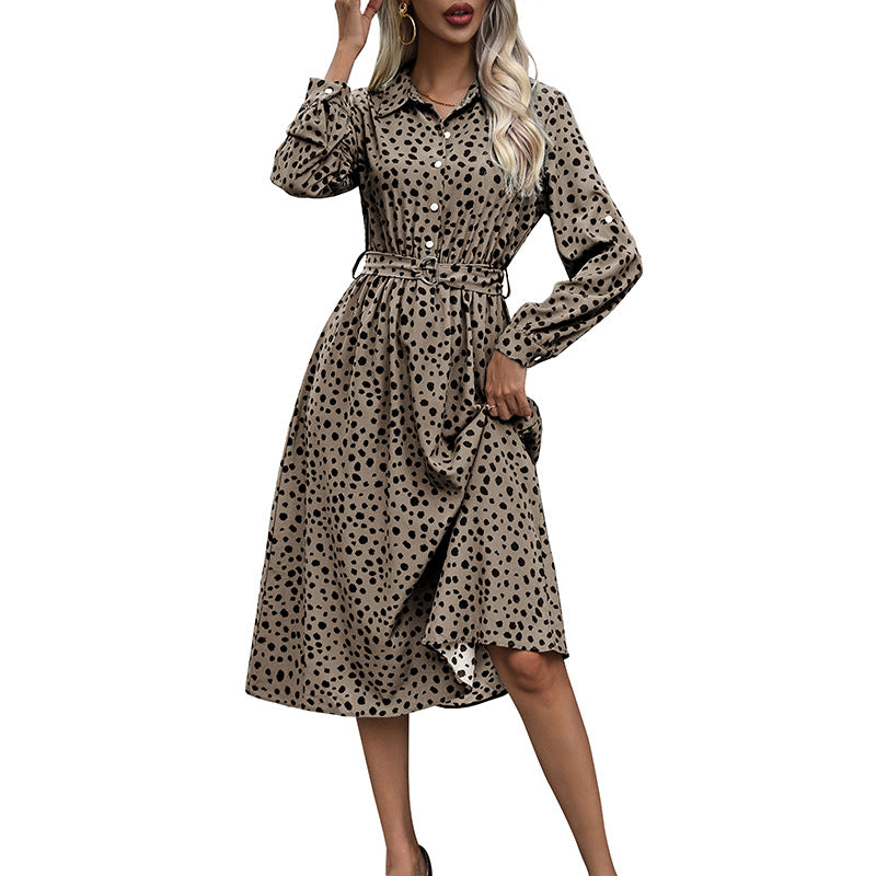 Women’s midi dress with shirt blouse design, tailored belt & playful polka dot pattern Chichicherry