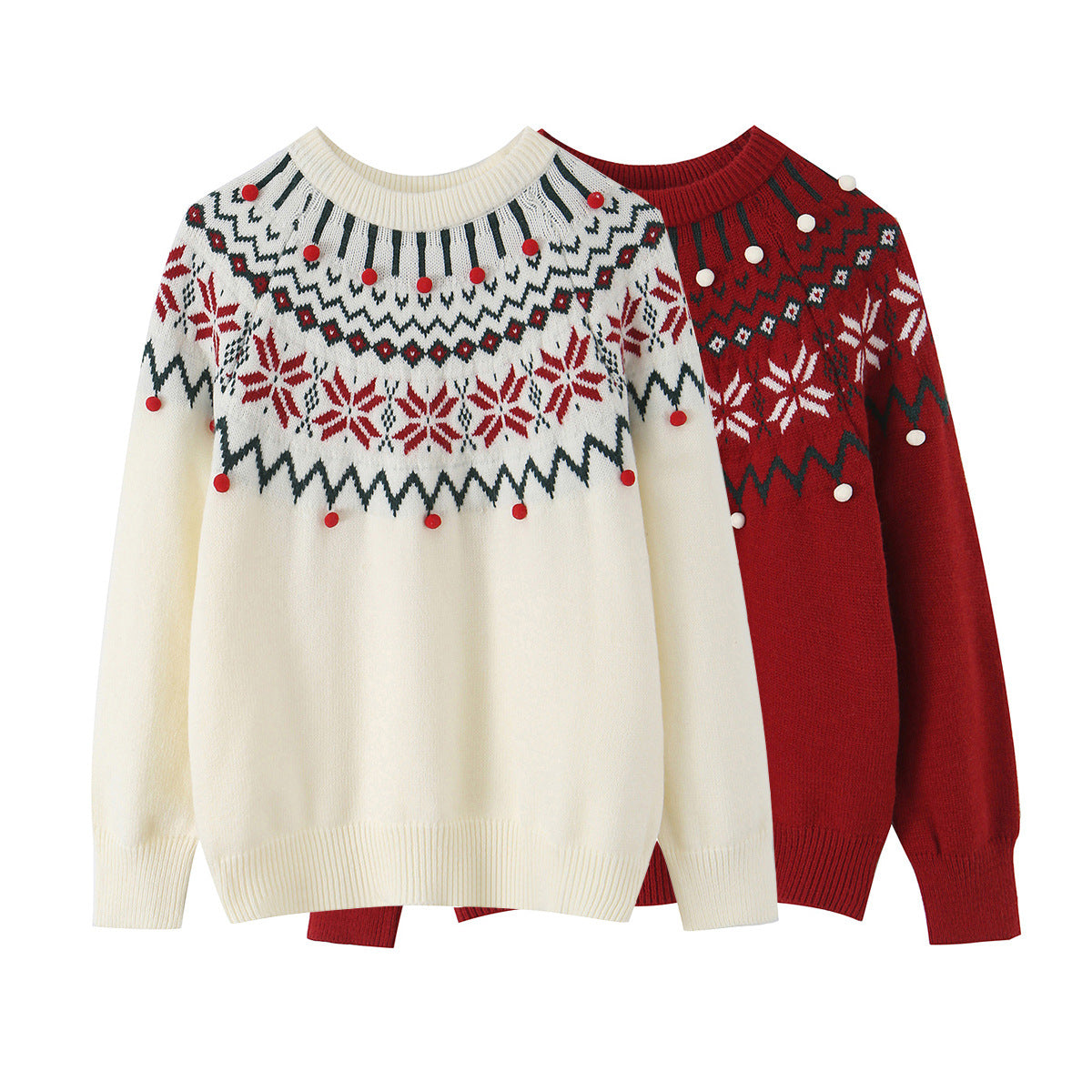 Women’s Norwegian Pattern Knit Sweater with Round Neck and Three-Dimensional Pompons Chichicherry