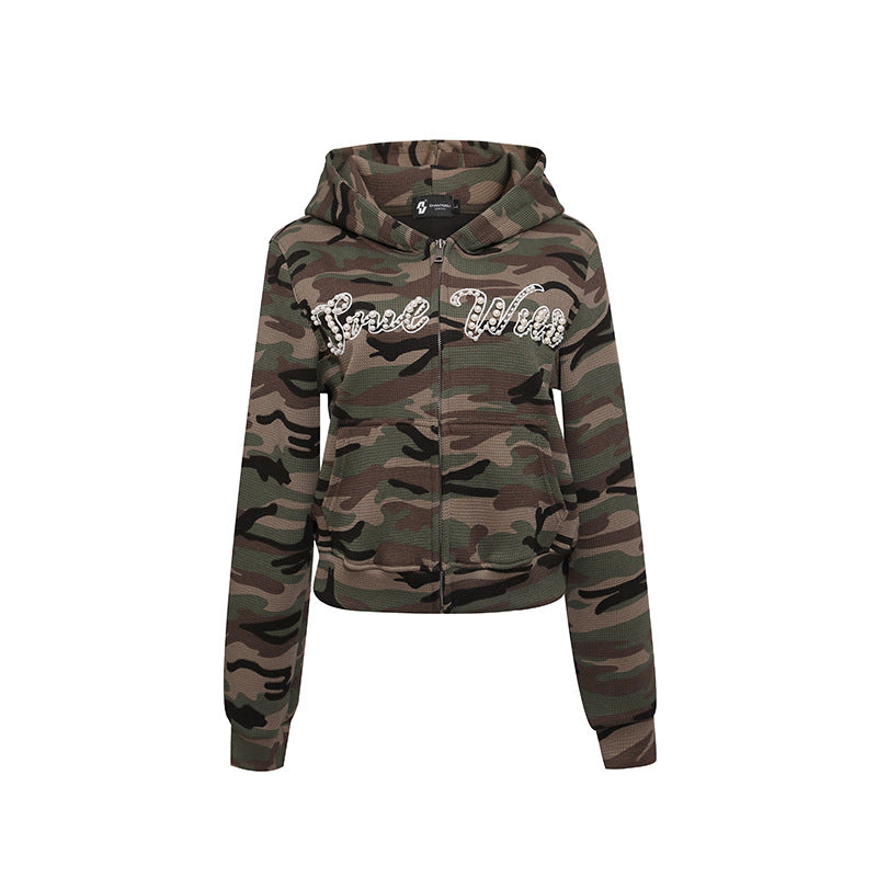 Women's Cropped Hoodie in Camouflage Structure Knit with Beaded Writing Chichicherry