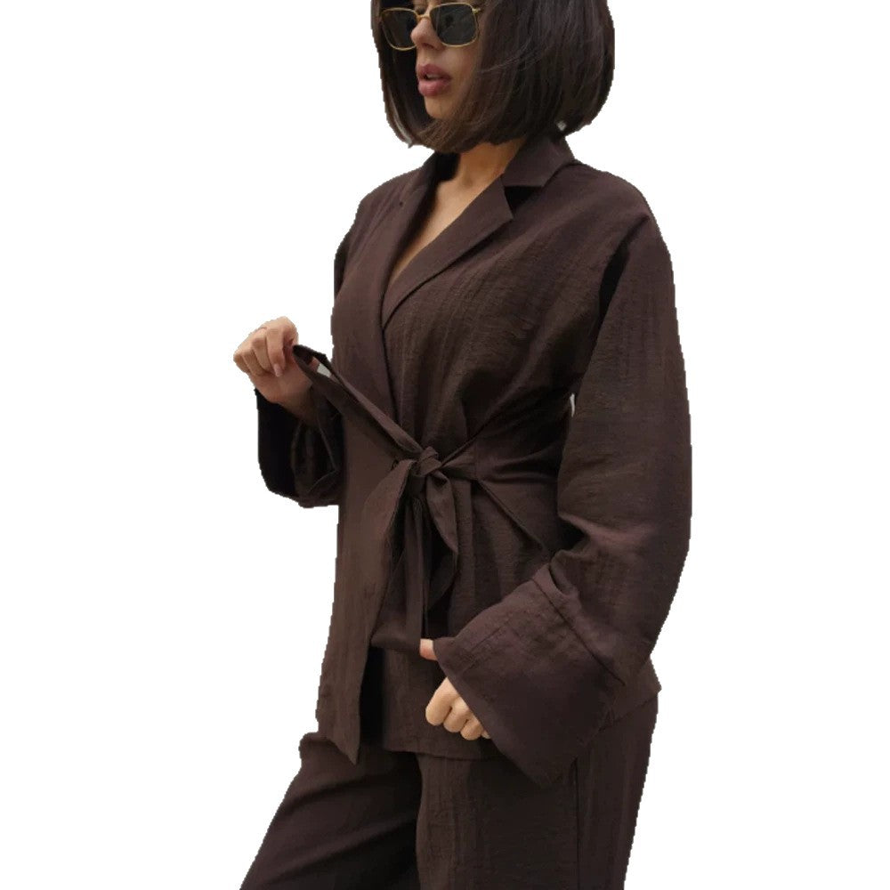 Women's Wrap Blazer with Tying Belt, Casual Oversized Cut and Lapel Collar Chichicherry