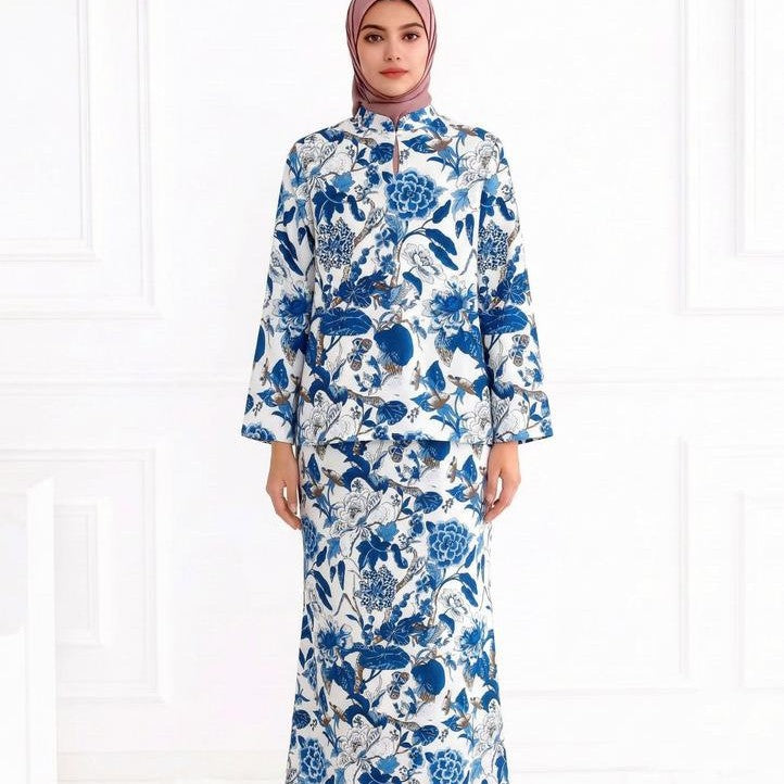 Ladies Two-Piece Modest Set consisting of Tunic with Stand-up Collar and Straight Maxi Skirt with Floral Print Chichicherry