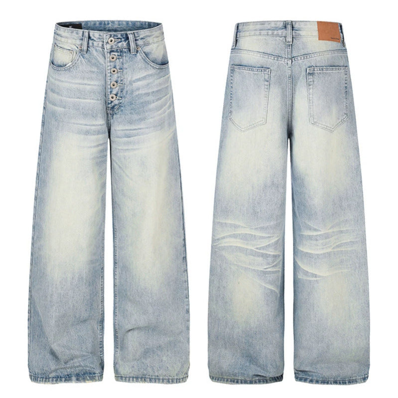 Women's High-Waist Wide Denim Palazzo Jeans with Button Fly and Used Wash Chichicherry