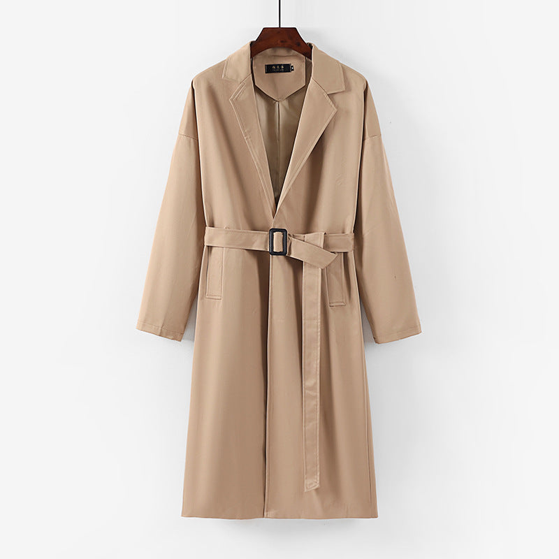 Women's Longline Trench Coat with Waist Belt and Dropped Lapel Chichicherry