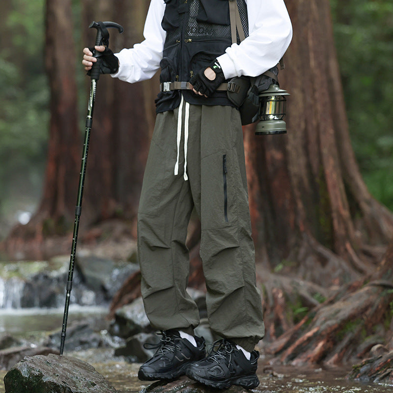 Men's Lightweight Technical Cargo Trekking Pants with Drawstring Waist, Zipper Pockets, and Elastic Hem Chichicherry