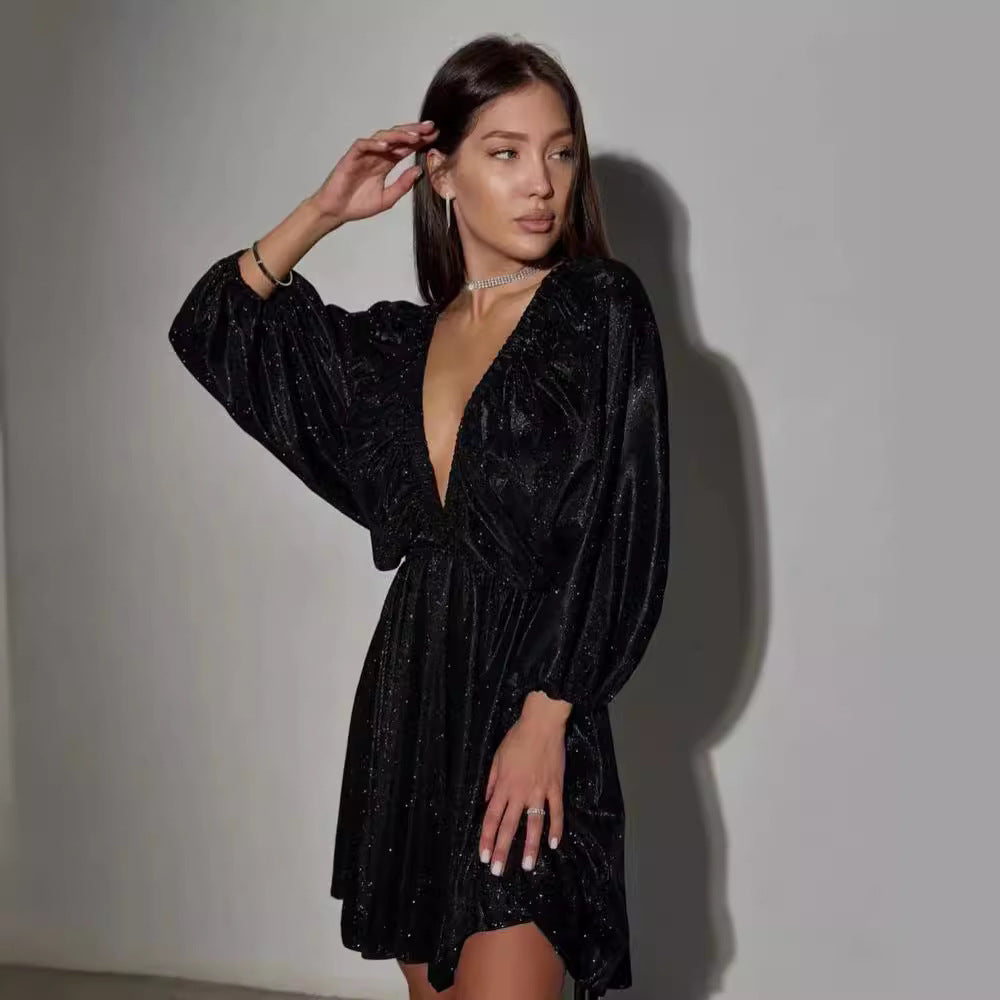 Damen Glitzerndes Abendkleid mit tiefem V Ausschnitt, Ballonärmeln und taillenbetonter Glockenrock Chichicherry