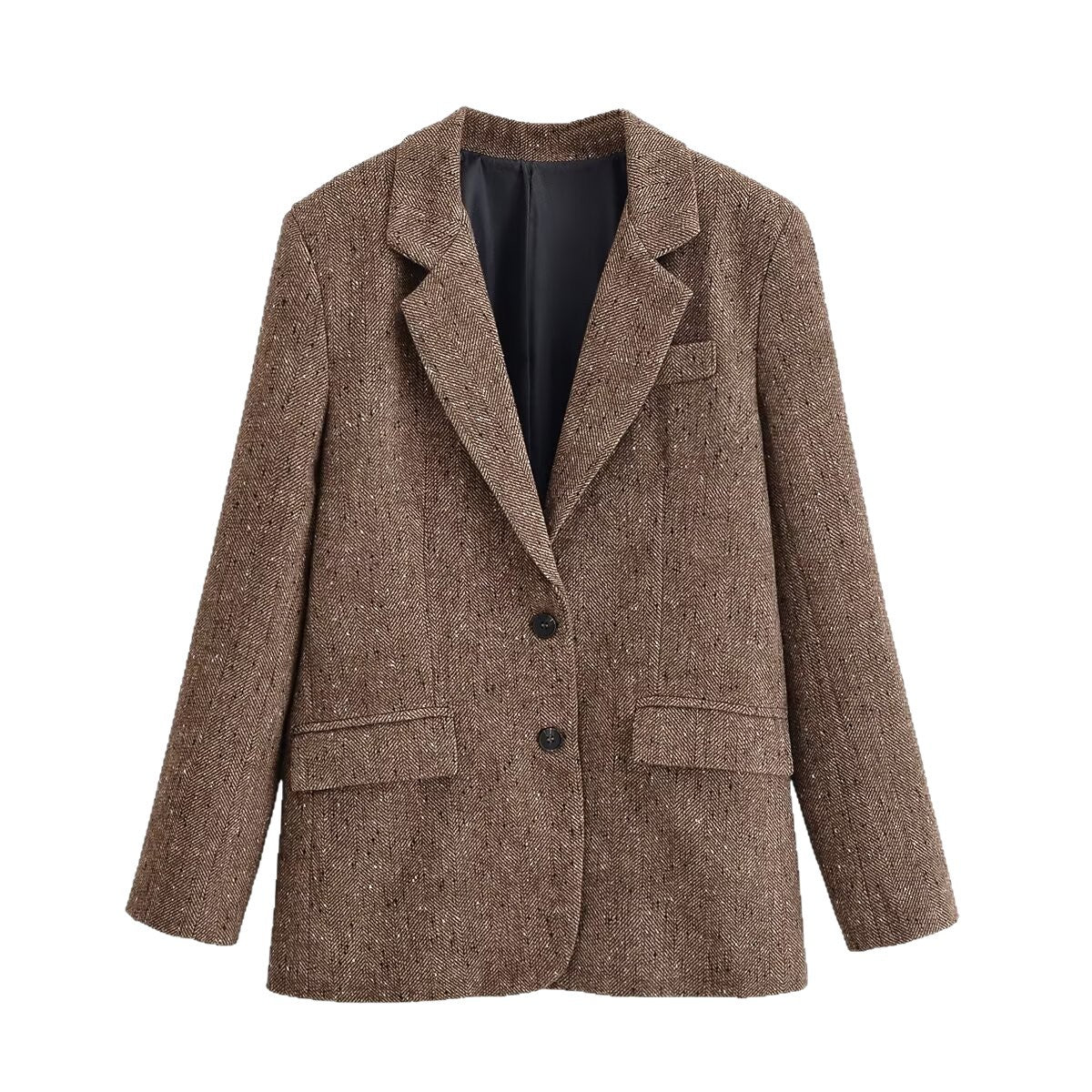 Women's Oversize Tweed Blazer with Houndstooth Pattern and Flap Pockets Chichicherry