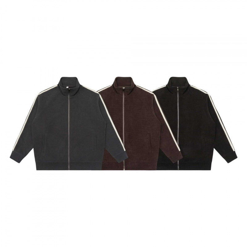 Unisex Oversize Teddy fleece Zipped jacket with stand-up collar and contrast stripes Chichicherry