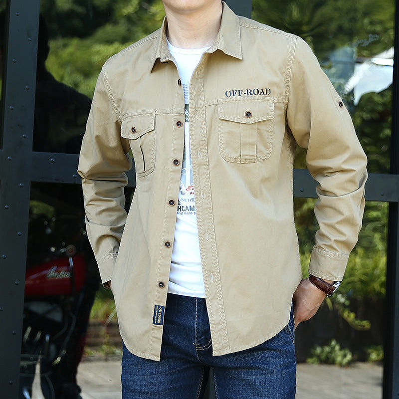 Men's Long Sleeve Canvas Overshirt with Back Pleat, Shirt Collar and Utility Arm Pocket Chichicherry