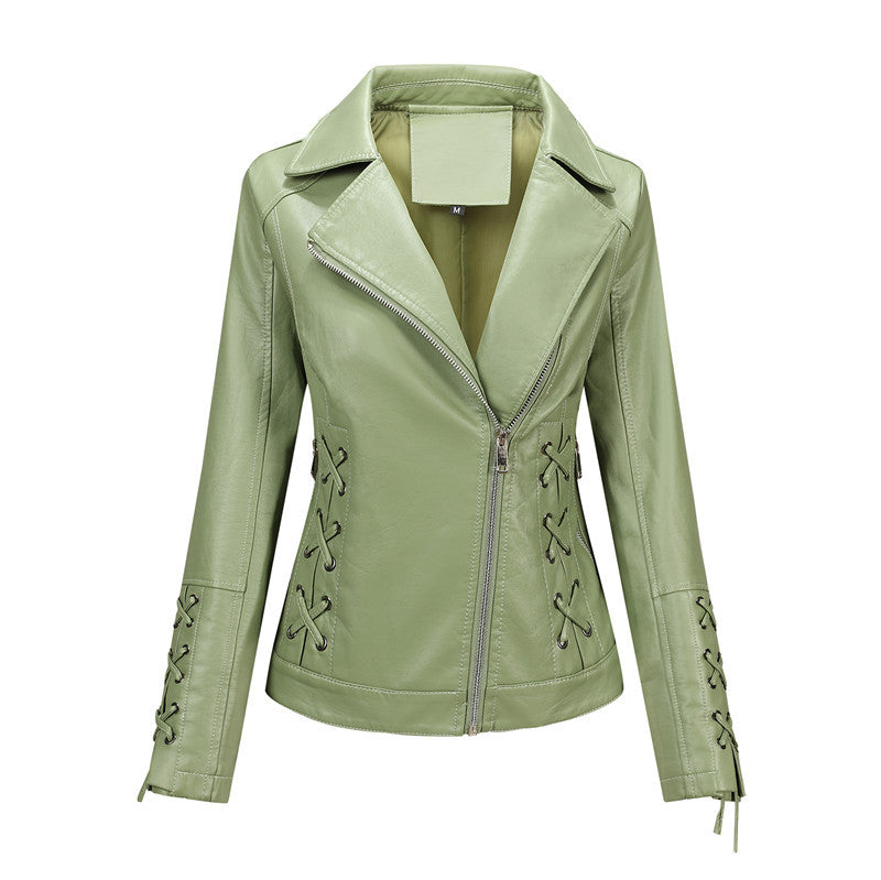 Women's faux leather biker jacket with side lacing and asymmetric zipper Chichicherry