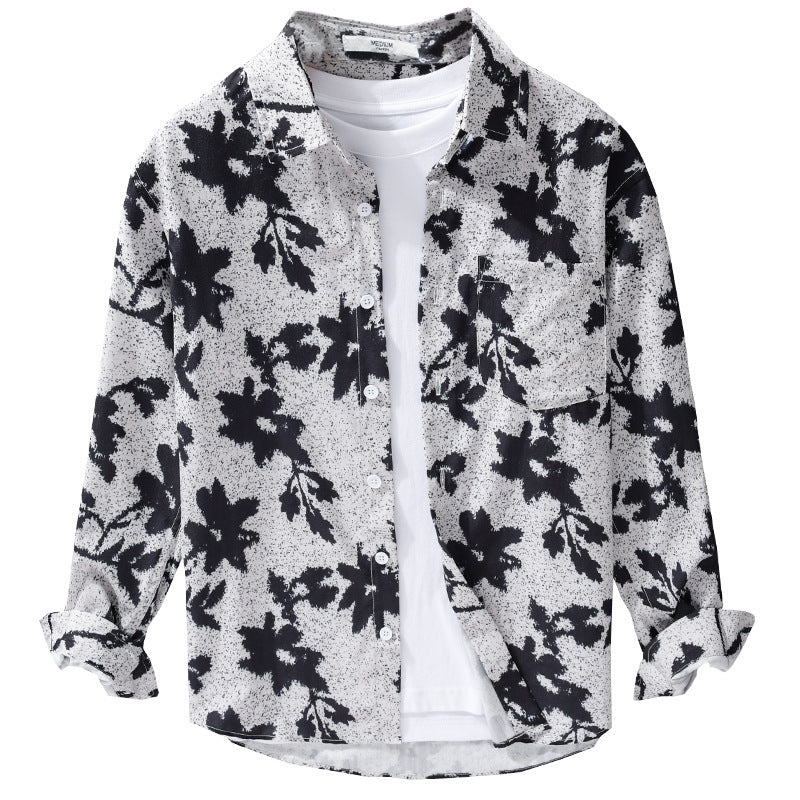 Men's Loose Cotton Layering Overshirt with Painterly Floral Allover and Chest Pocket Chichicherry