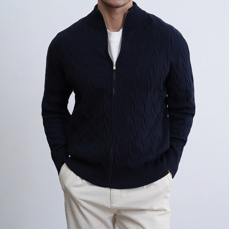 Herren Feiner Zopfmuster-Halbzip-Cardigan mit Rippkragen und silbernem Reißverschluss Chichicherry