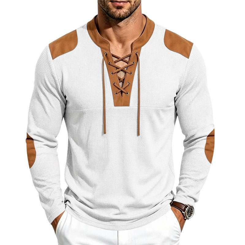 Men's Waffle Knit Long Sleeve Shirt with Laced Collar and Faux Leather Patches Chichicherry