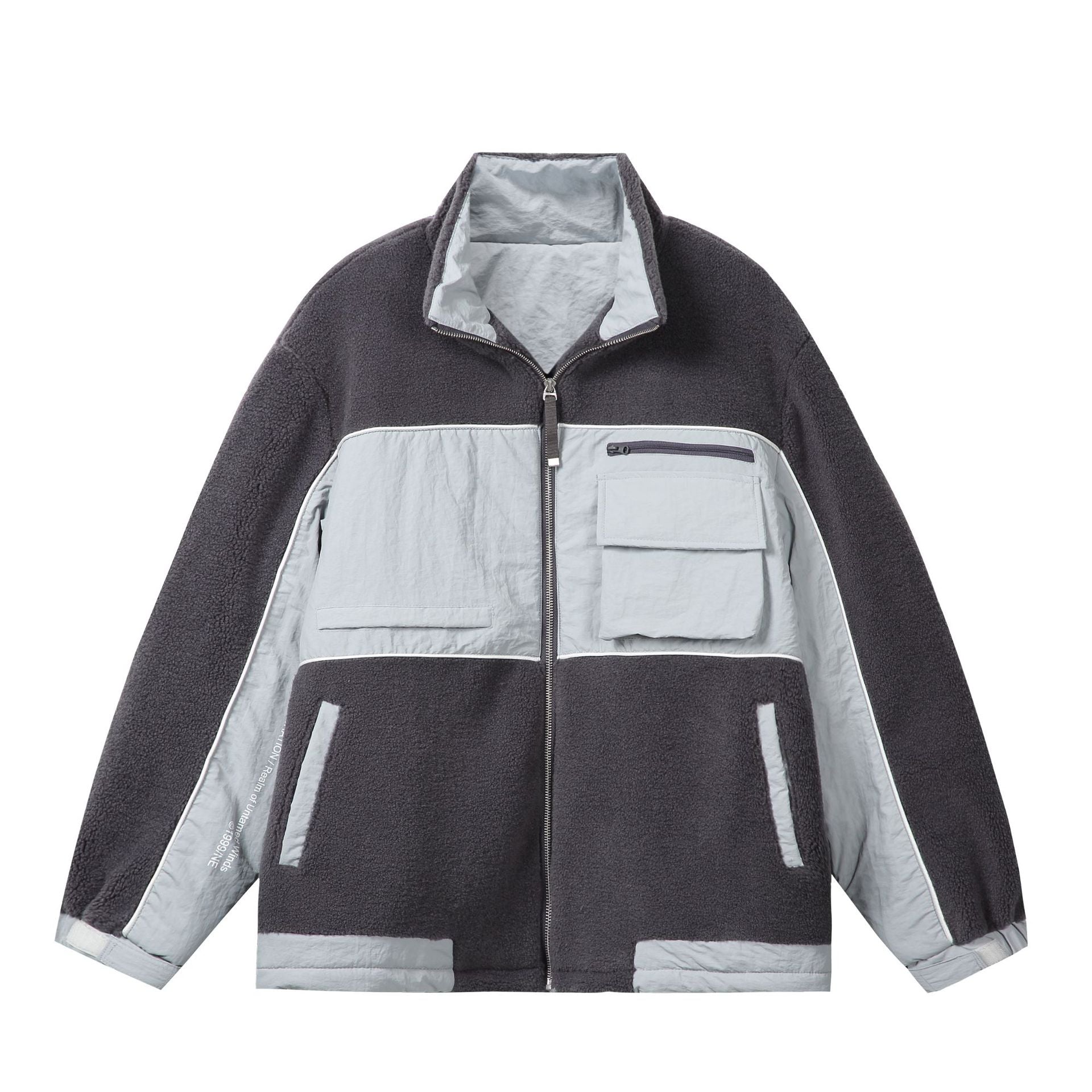 Unisex Oversize Fleece Field Jacket with Nylon Panels, High Stand-Up Collar and Drawstring Chichicherry