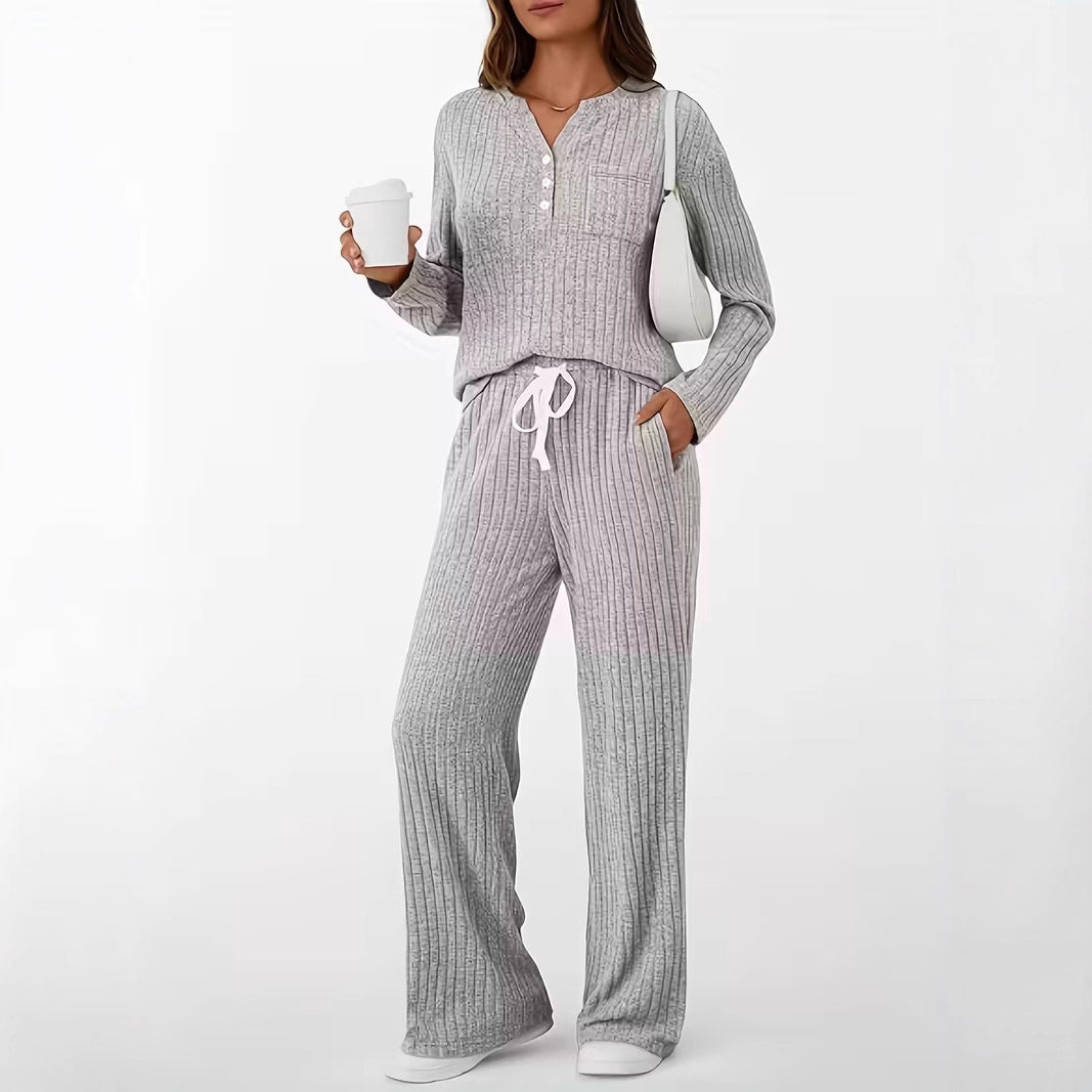 Women Ribbed Relaxation Set with Henley Top and Wide Cord Pants Chichicherry