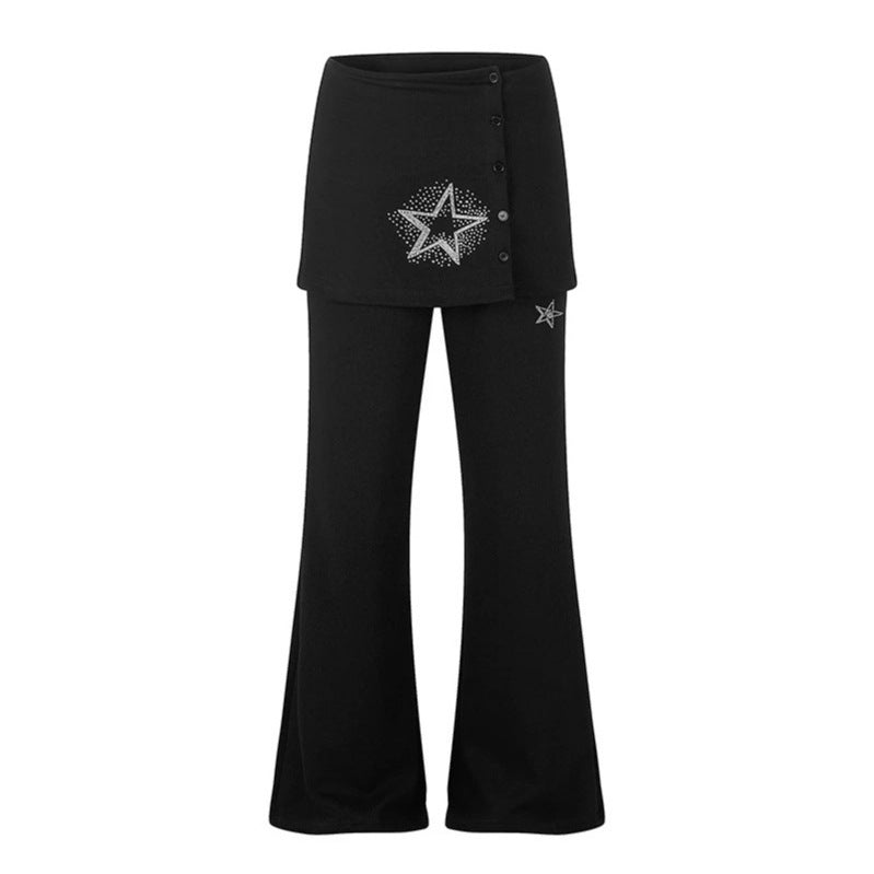 Women's loungewear pants with integrated mini skirt, wide leg, and star rhinestone application Chichicherry
