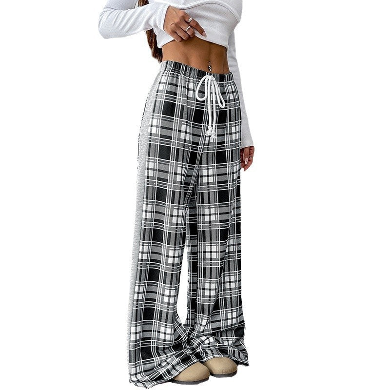 Women's Wide Lounge Pants in Checked Pattern with Elastic Waistband and Contrast Side Panel Chichicherry