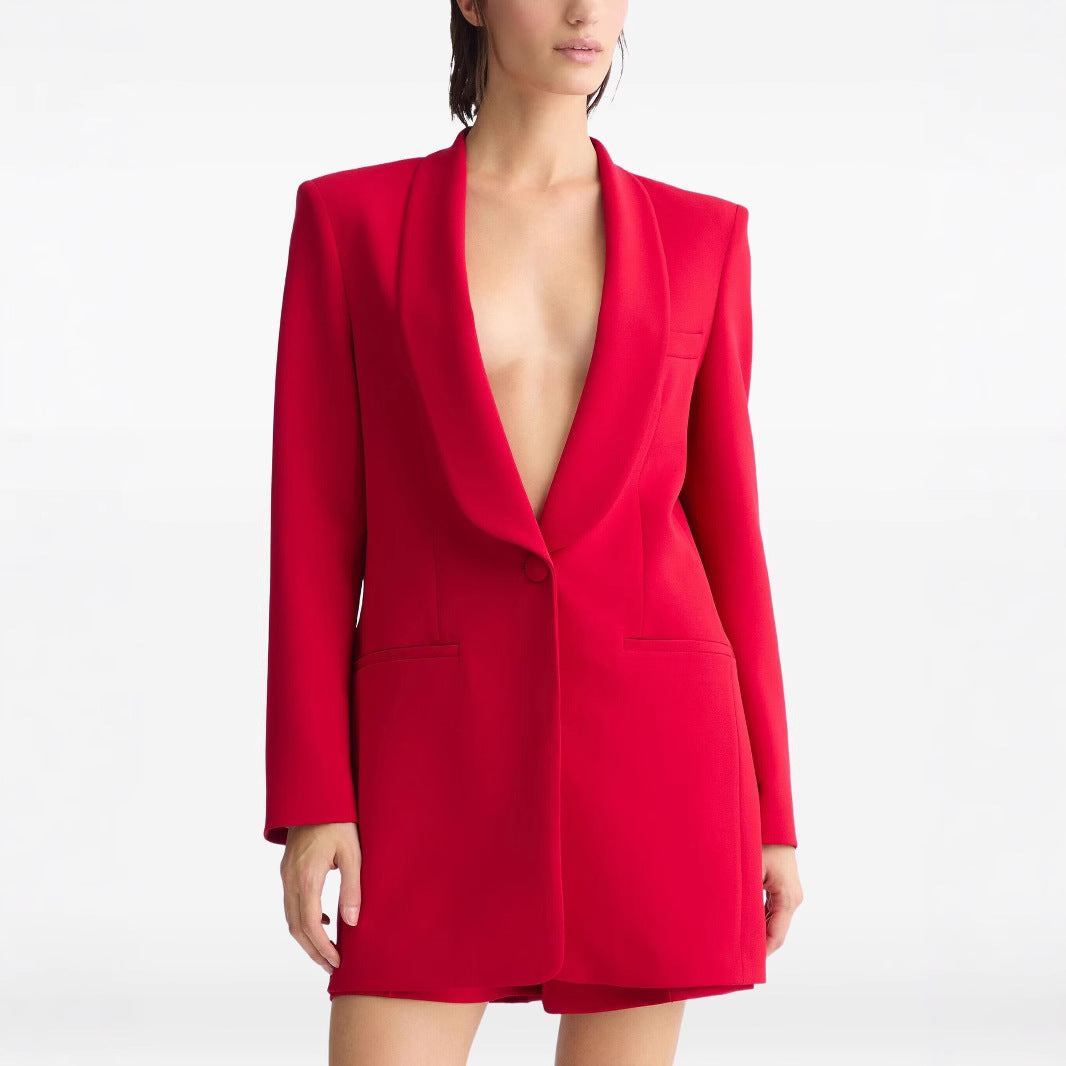 Women Tailored Blazer Dress with Shawl Collar and One-Button Closure Chichicherry