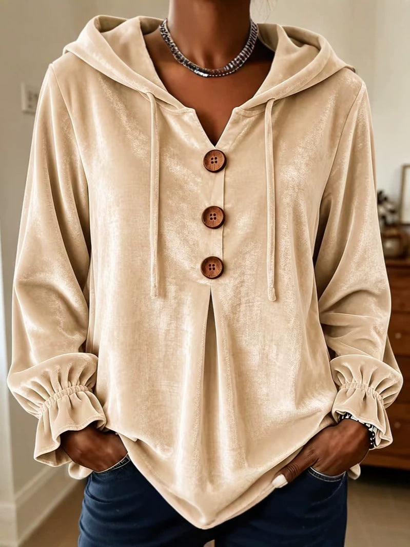 Women Velvet Hooded Blouse with Decorative Button Placket, Front Pleat and Gathered Cuff Sleeves Chichicherry