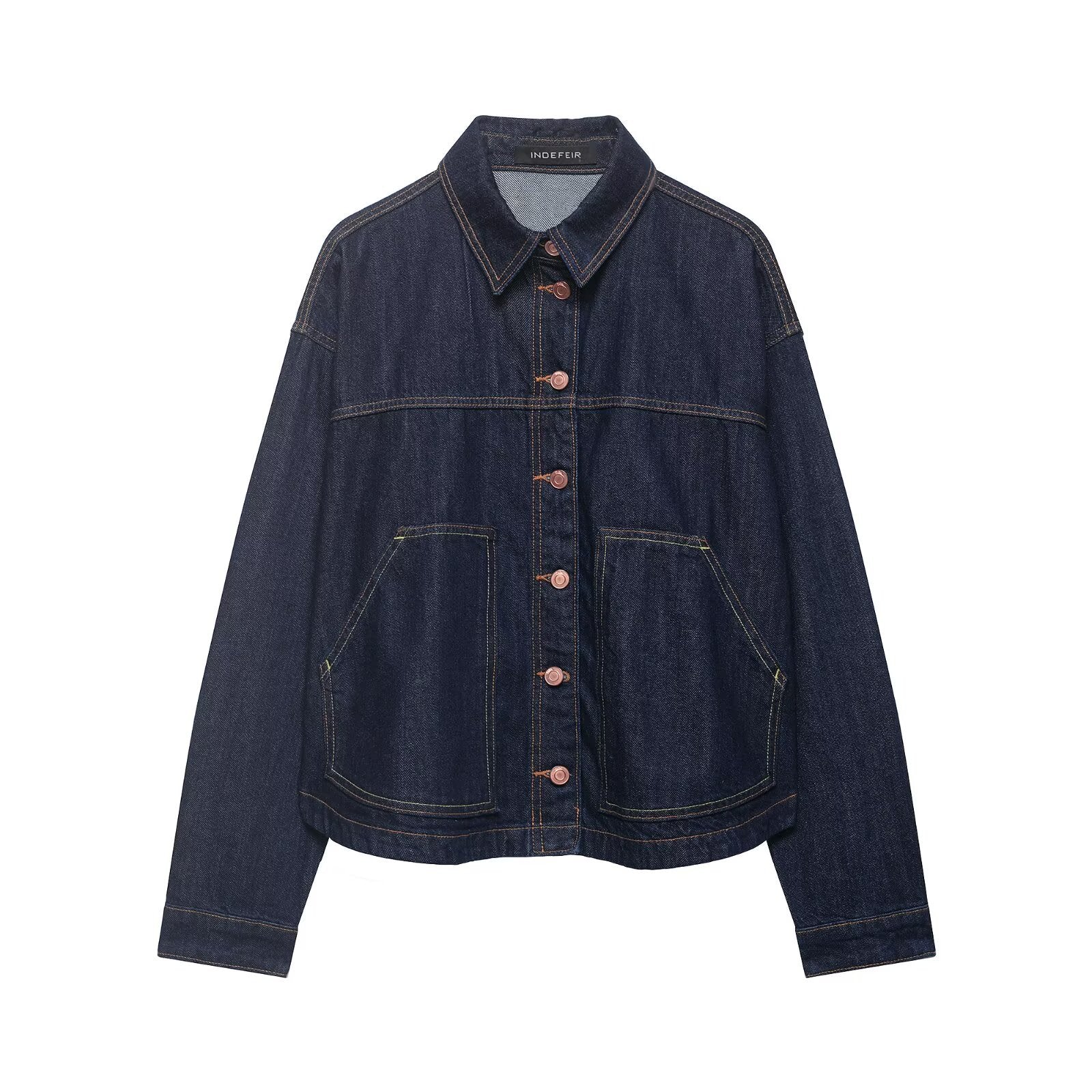 Women's Boxy Cropped Denim Work Jacket with Large Applied Front Pockets Chichicherry