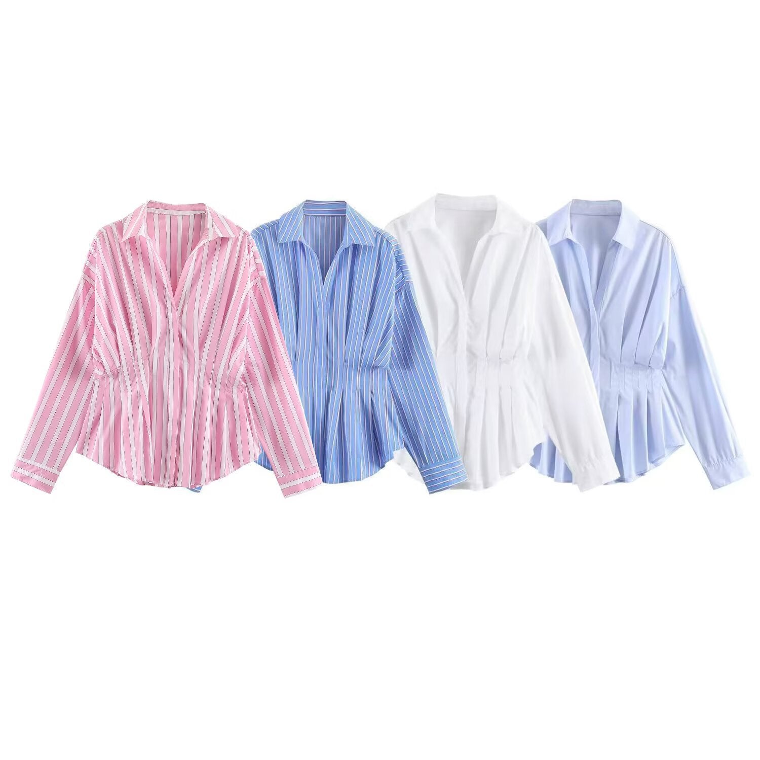 Women Striped Oversized Blouse with Tailoring Gatherings and Shirt Collar Chichicherry