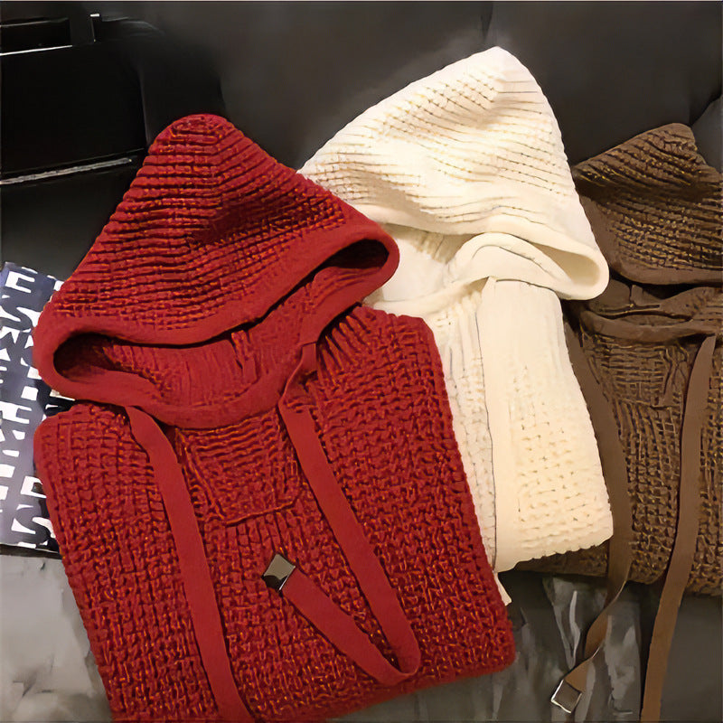 Damen Grob gestrickter Kapuzenpullover mit Waffelstruktur und Kordelzug Chichicherry